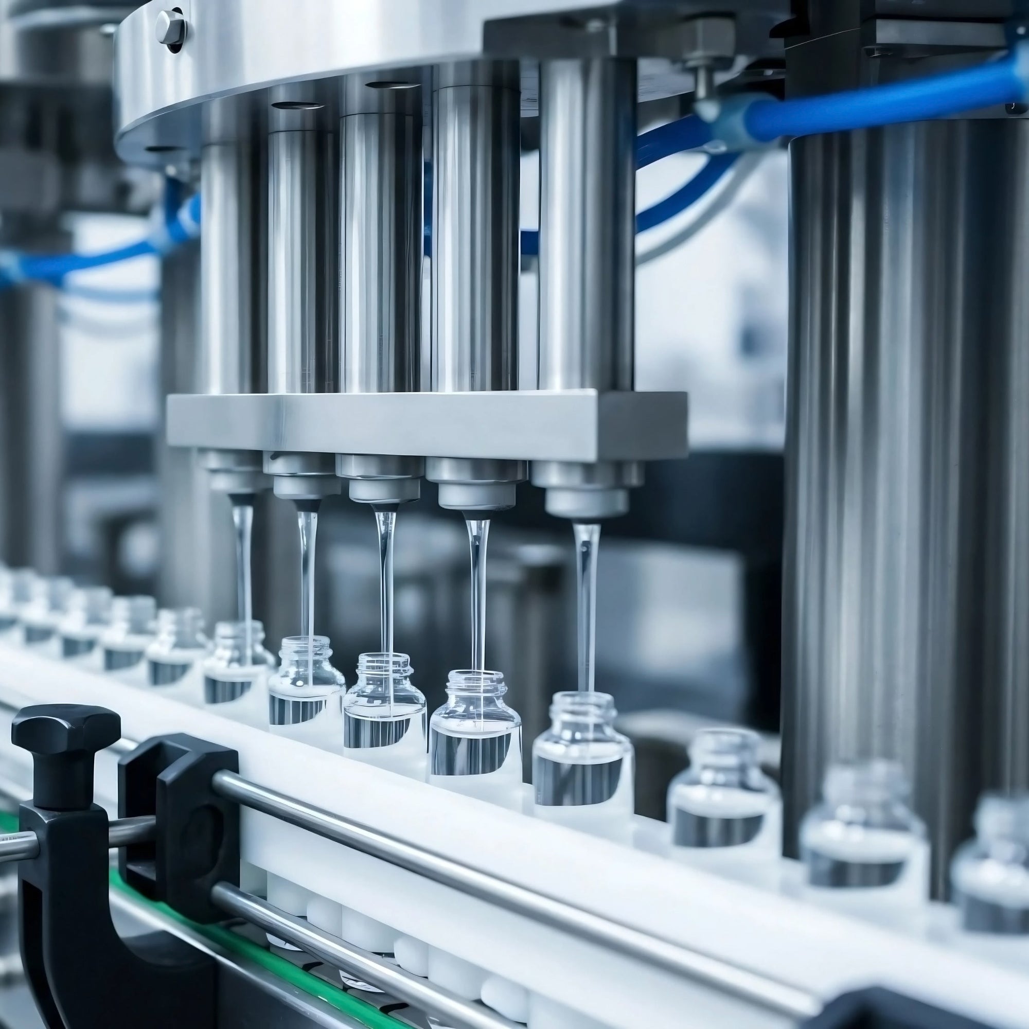 Automated manufacturing process for small glass bottles on an assembly line.